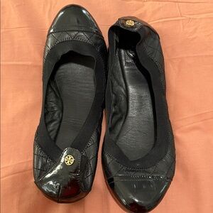 Tory Burch Black Quilted Flats with Gold Logo